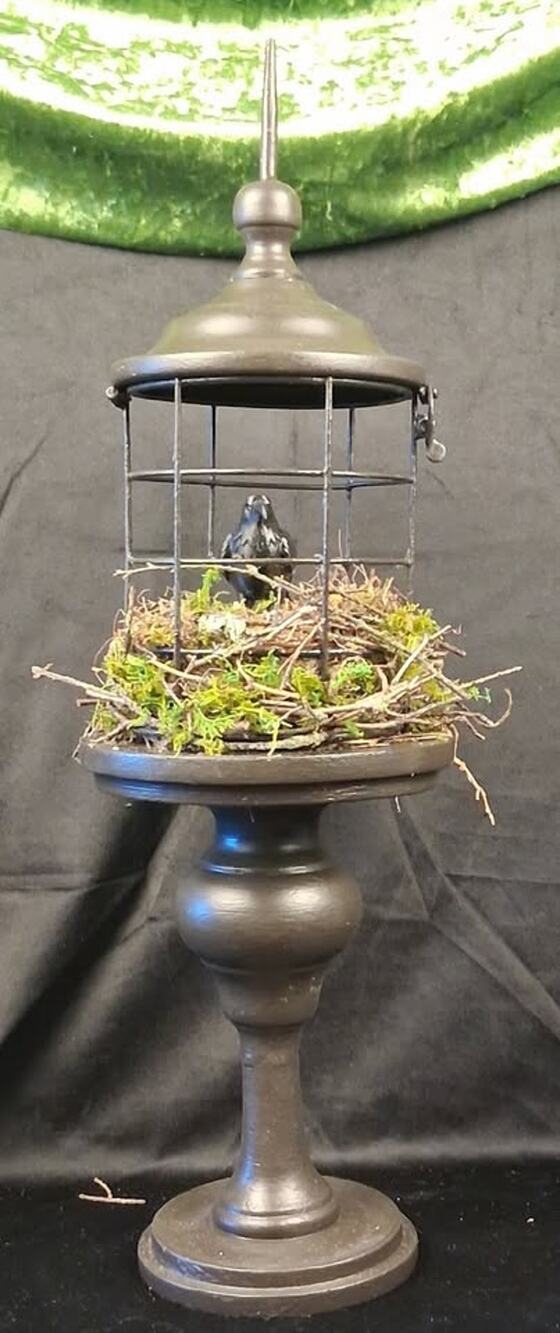 Handmade Gothic Crow Cage Decor Authentic Salvaged Bird Nest, Haunted Topiary